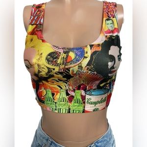 Artsy celebrity tabloid crop top S Coachella Y2K shiny festival